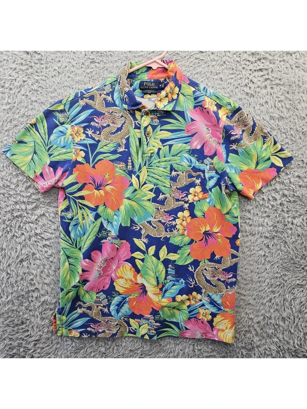 Polo Ralph Lauren Featherweight Mesh Hawaiian Polo Shirt Medium Dragons Asian